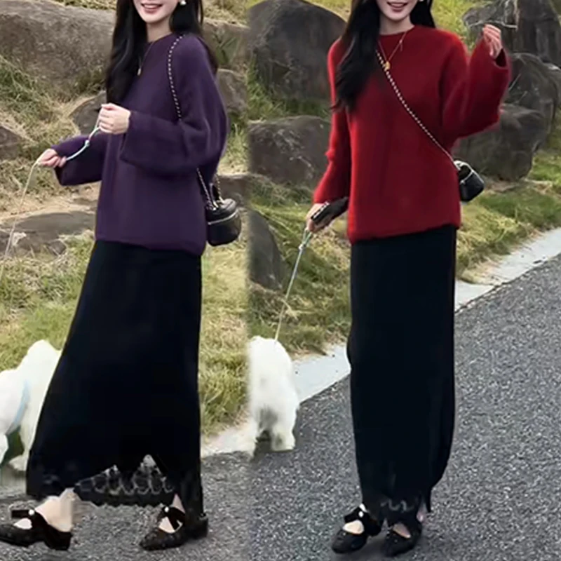 2025冬季新款时尚韩版圆领长袖上衣宽松半身裙显瘦超好看套装女