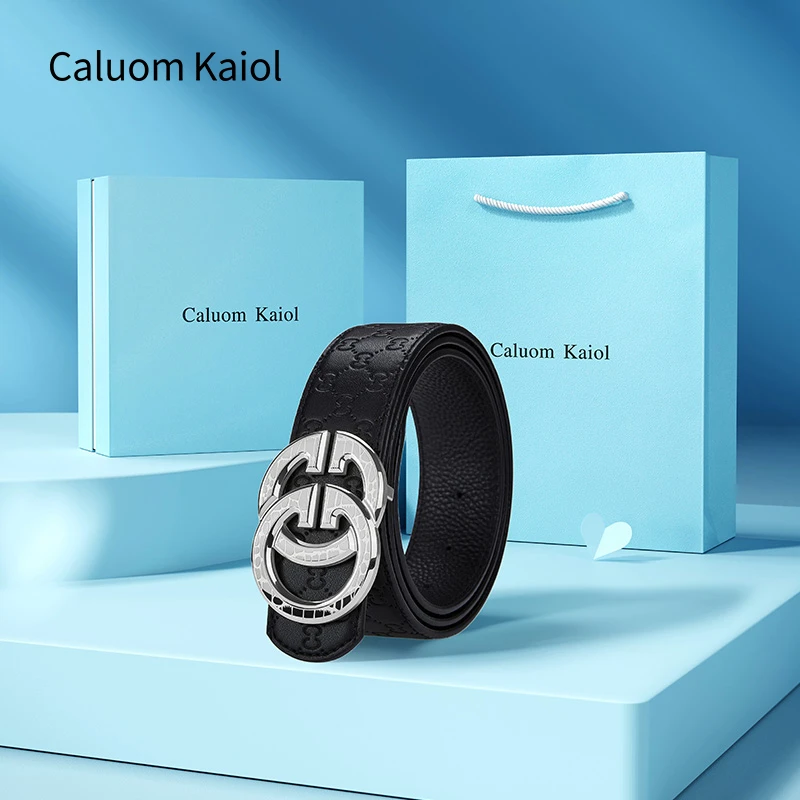 Caluom Kaiol品牌男士平滑扣钢扣真皮百搭高档礼盒腰带送男友老爸