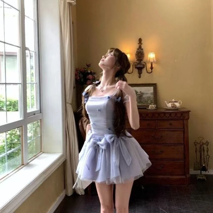 浮生蝶梦 纯欲甜美紫蓝色蓬蓬裙收腰显瘦网纱立体蝴蝶结连衣裙