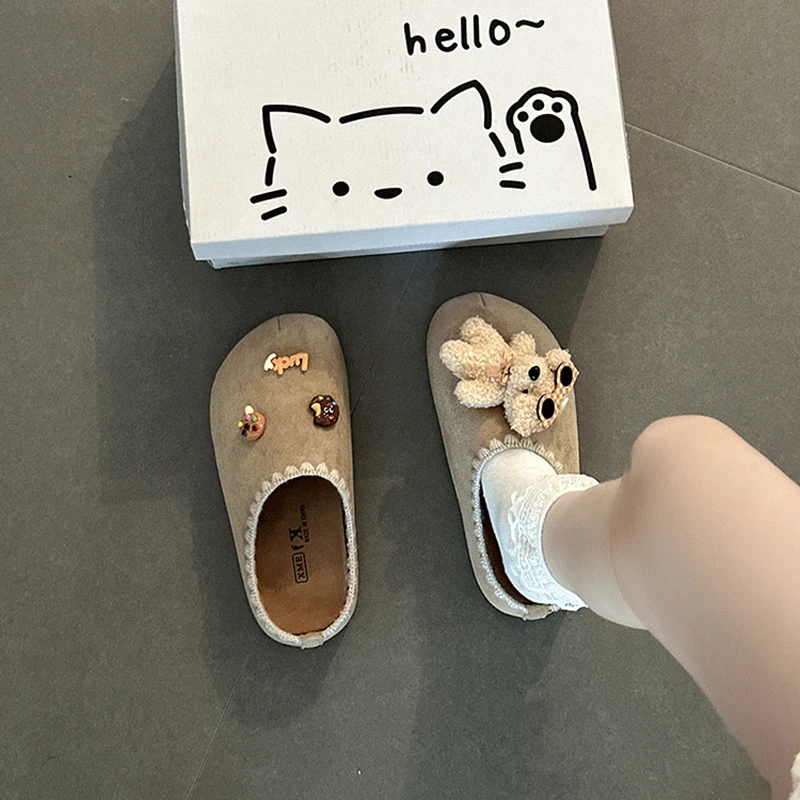 时尚百搭可爱卡通小熊包头半拖鞋女款2025秋冬新款小配饰外穿拖鞋