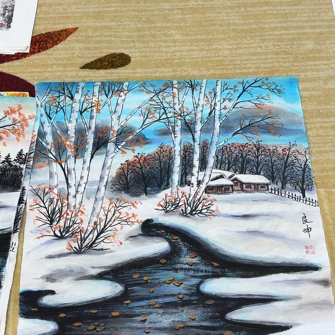 用***3国画四尺斗方手绘作品雪景图