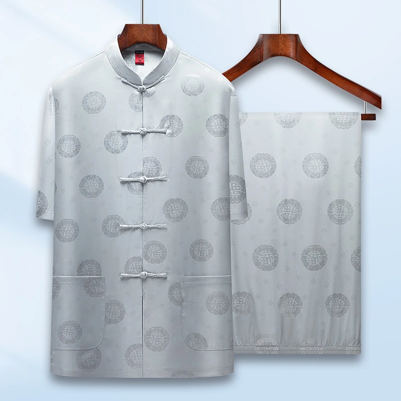 冰丝唐装男短袖套装中老年人夏季薄款中国风衣服老人爷爷中式男装