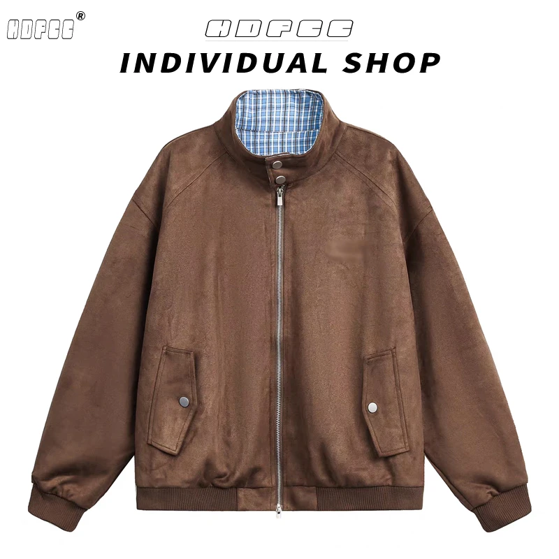 复古美式棒球服夹克女秋季高级感格子拼接拉链长袖外套宽松上衣潮