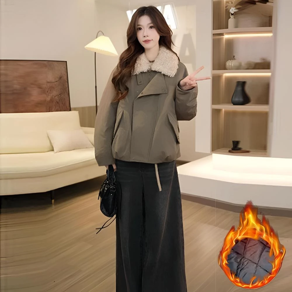 2025秋冬季新款女士韩版羊羔毛领加棉派克服宽松显瘦保暖棉衣外套