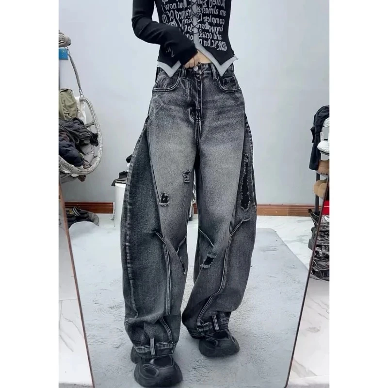 GLVLYO牛仔裤大码高腰显高显瘦长裤春季潮流时尚破洞弯刀裤