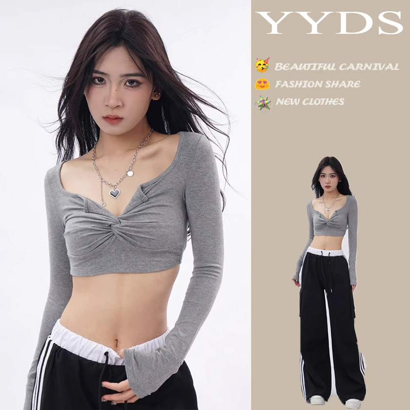 美式辣妹高腰露脐灰色长袖T恤超短款性感炸街设计感跳舞爵士上衣