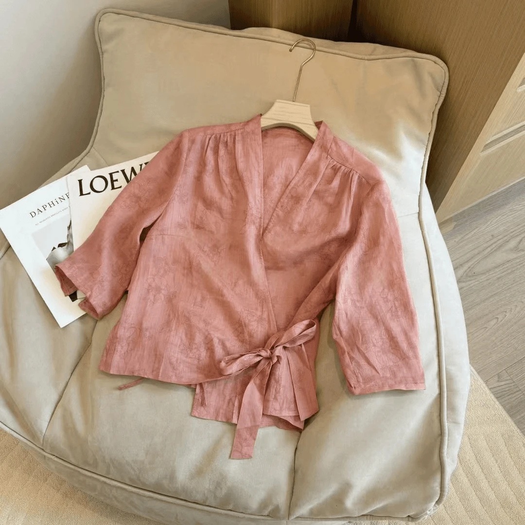 夏季韩系提花V领显瘦绑带设计上衣洋气小衫+高腰阔腿裤BB50190