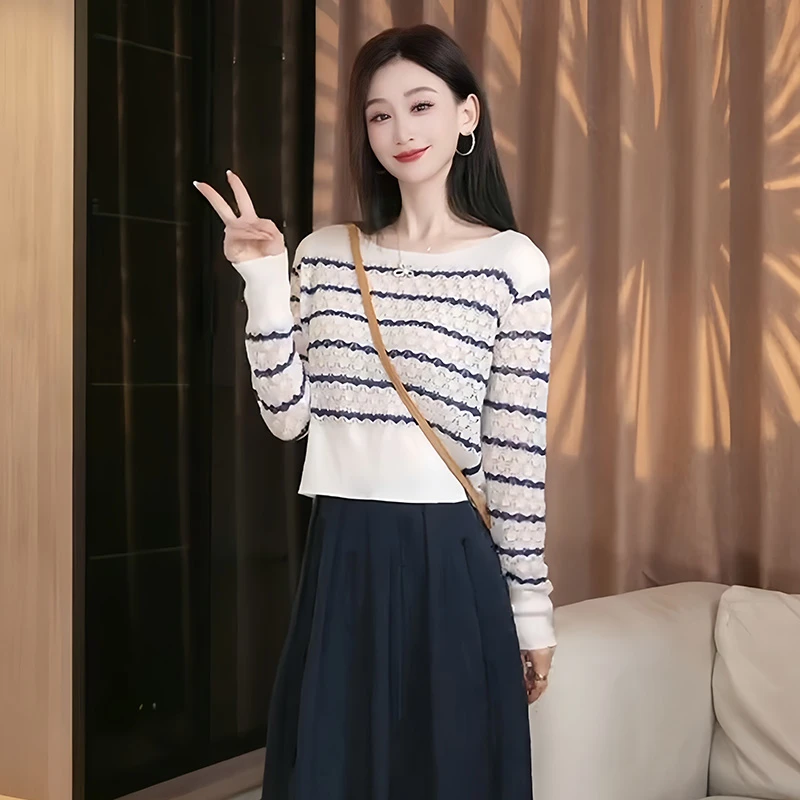 韩系甜美风条纹圆领长袖针织衫2025秋冬新款百搭小众减龄时尚上衣
