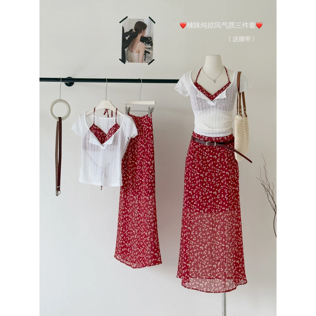 时尚气质修身短袖针织T恤+挂脖吊带背心+红色碎花半身裙三件套装