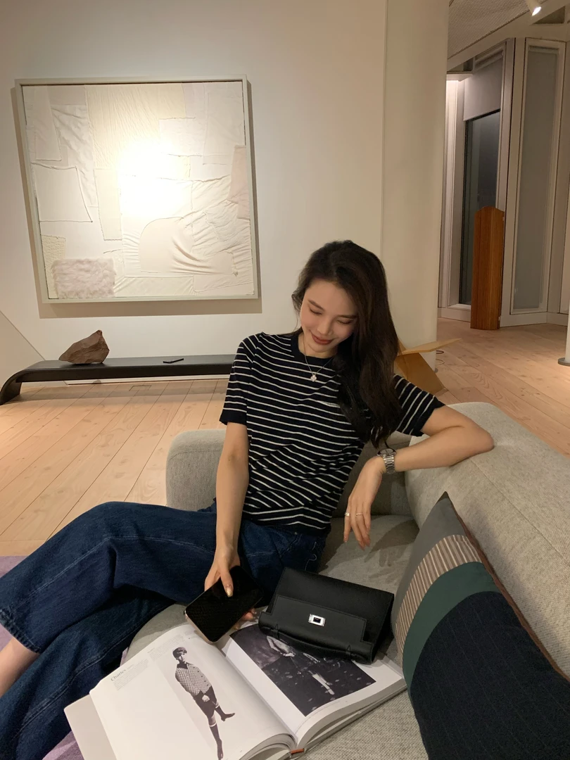 BIG WHITE REMADE“筑梦云岛”亚麻复古条纹透气百搭显瘦T恤D5L527