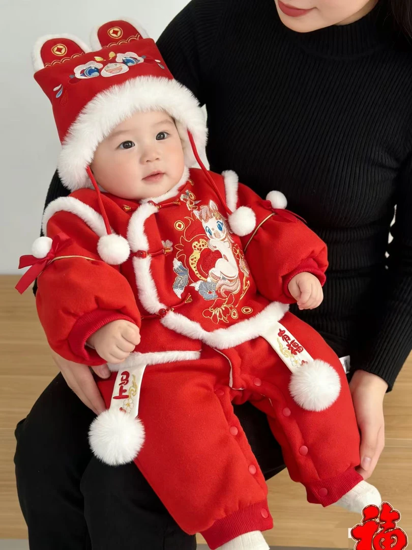婴儿衣服拜年服喜庆连体衣女宝宝冬装周岁礼服新生儿满月加绒新年