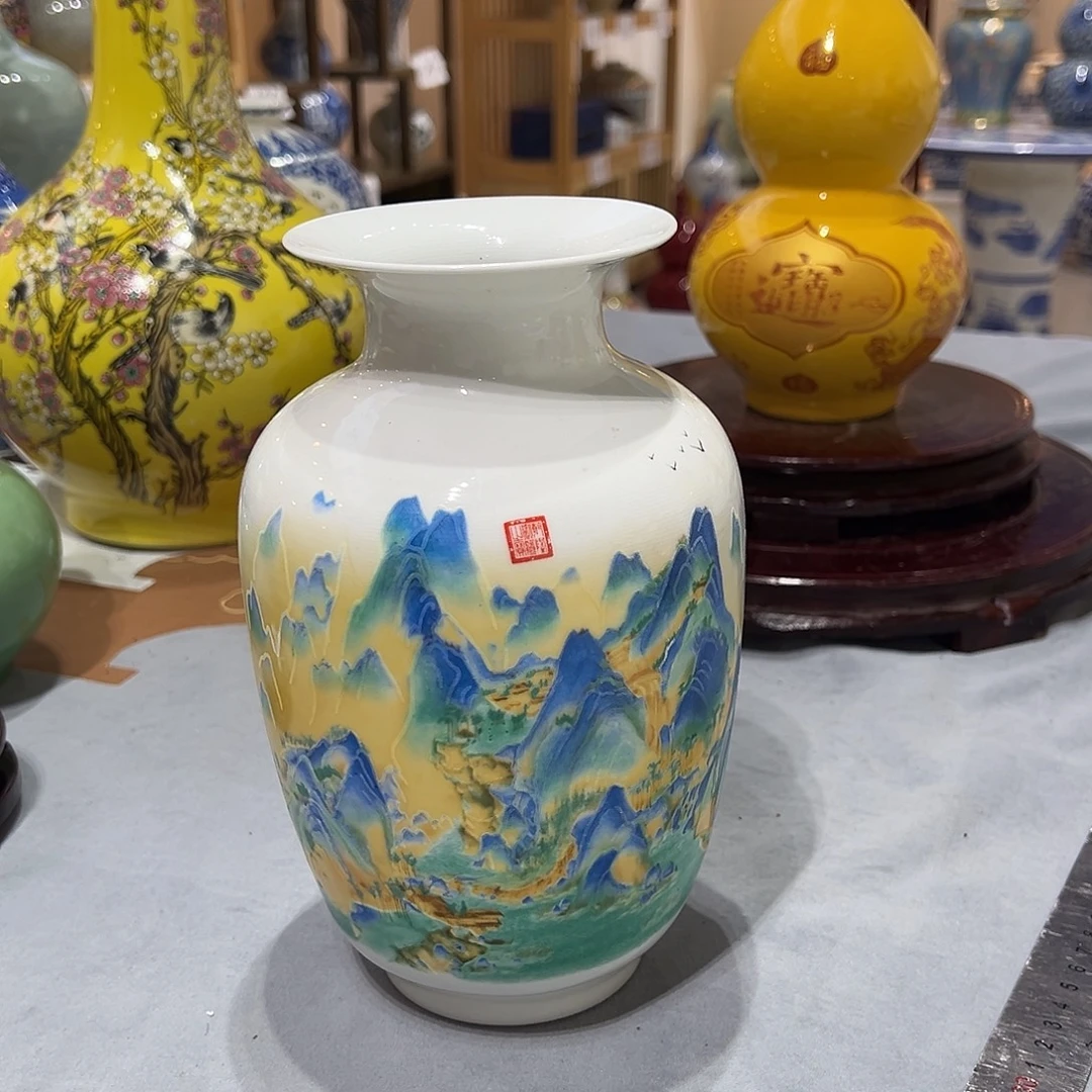 陶摆件22cm千里江山图冬瓜瓶