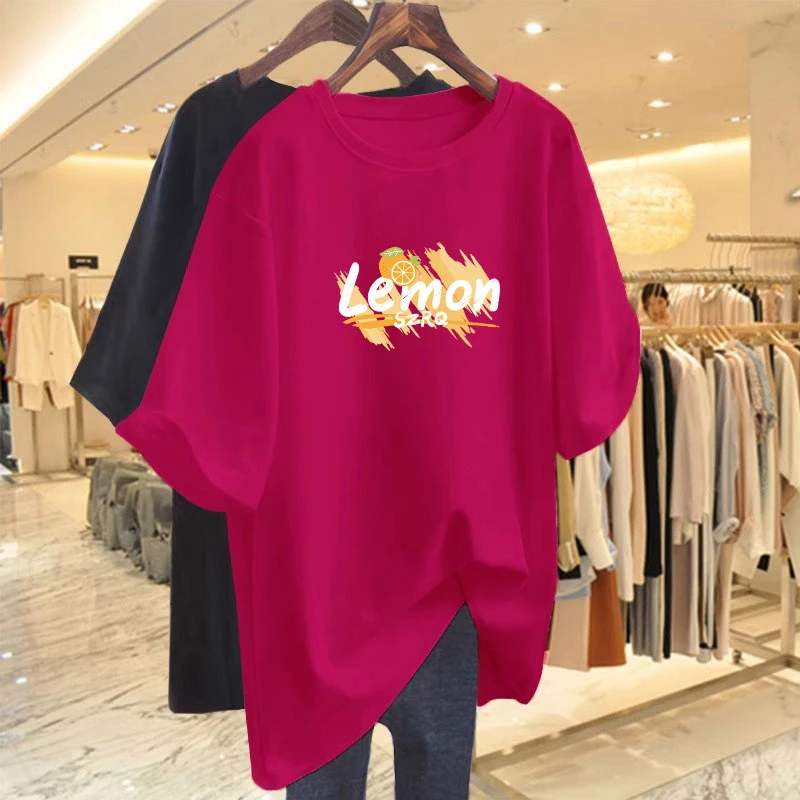 纯棉圆领短袖t恤女夏季宽松中长款卡通慵懒火龙果色上衣大码女装