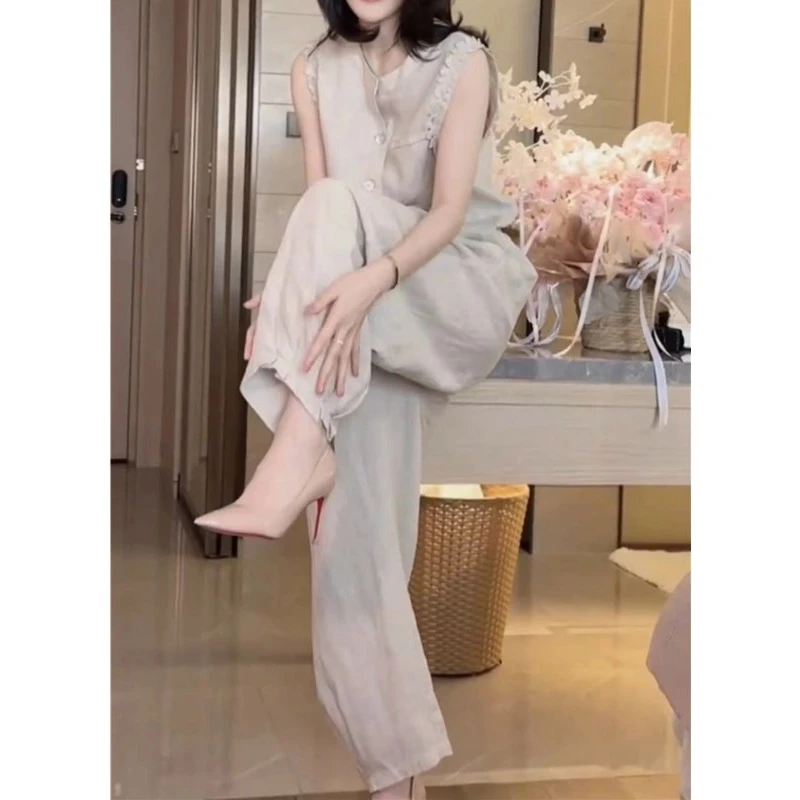 2025夏季新款洋气纯色无袖花边马甲上衣时尚气质休闲减龄直筒裤女