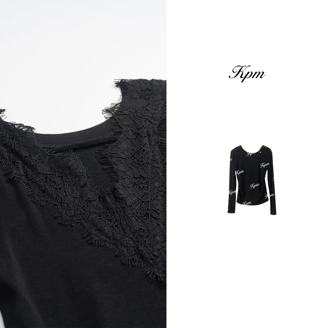 2025早春新款高级感v领蕾丝拼接打底衫女修身百搭长袖上衣JN7190