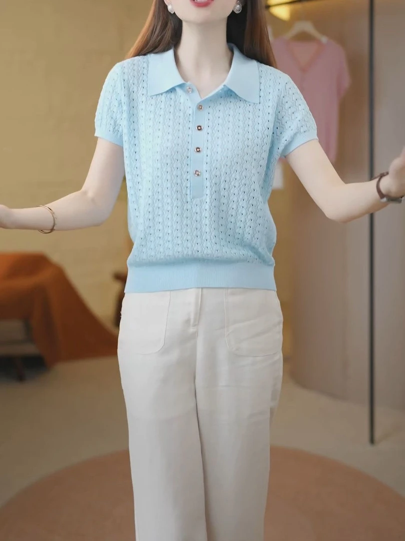天丝+桑蚕丝夏季Polo领纯色镂空针织衫2025新款宽松百搭气质上衣