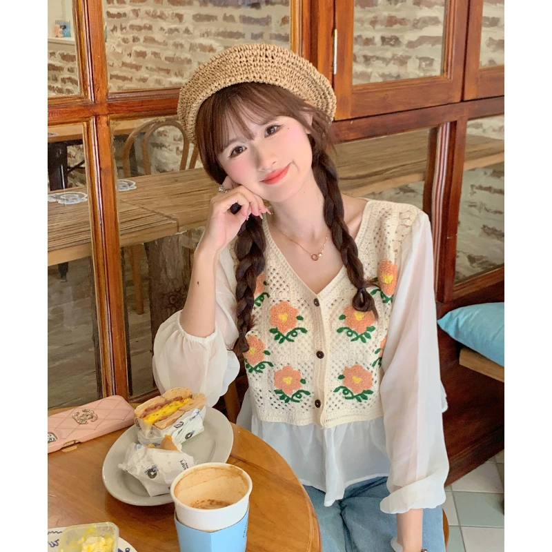2025春夏新款大码钩花镂空太阳花朵刺绣宽松显瘦雪纺衬衫女2003