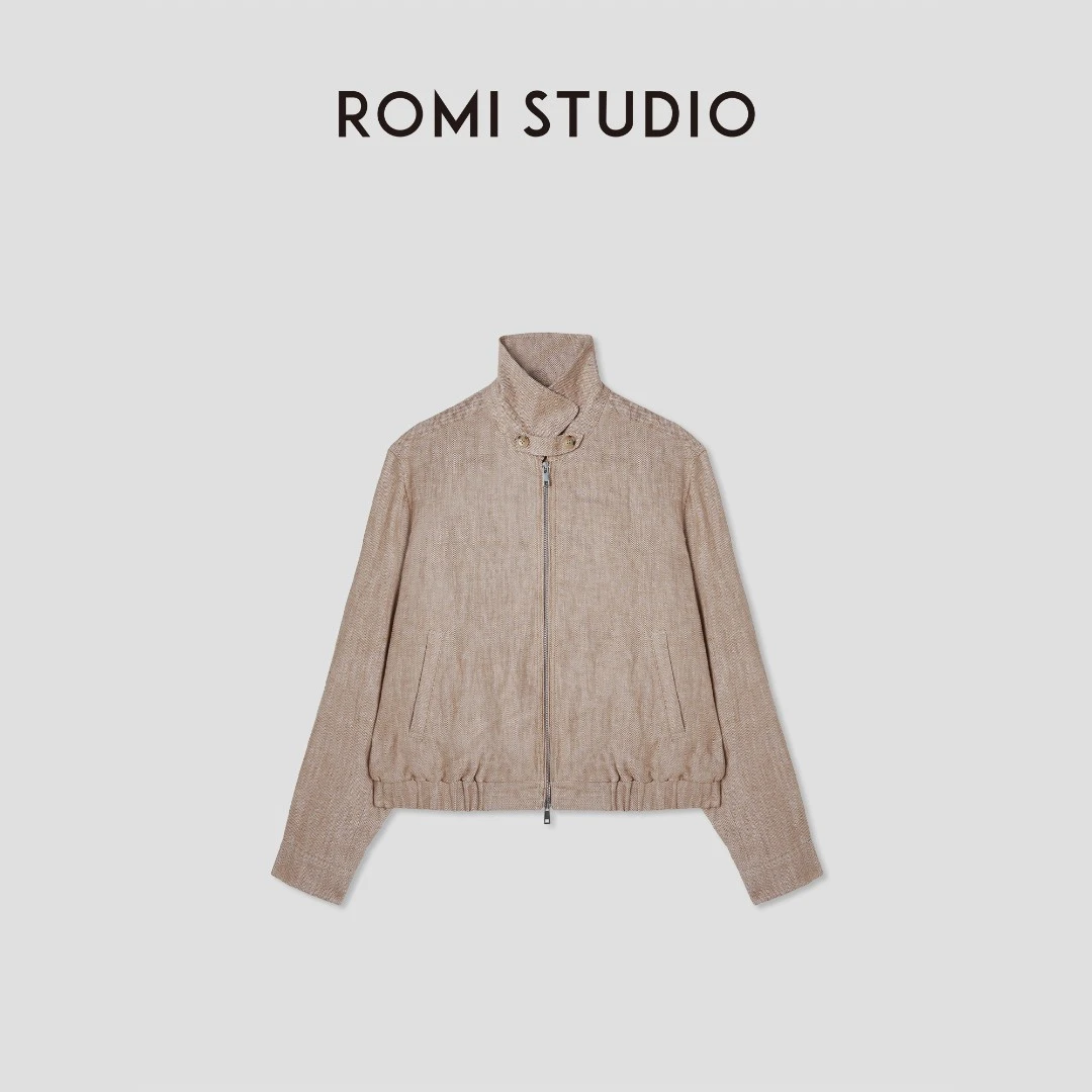 ROMI STUDIO“远山之间”亚麻立领收腰飞行员夹克外套 431W6038