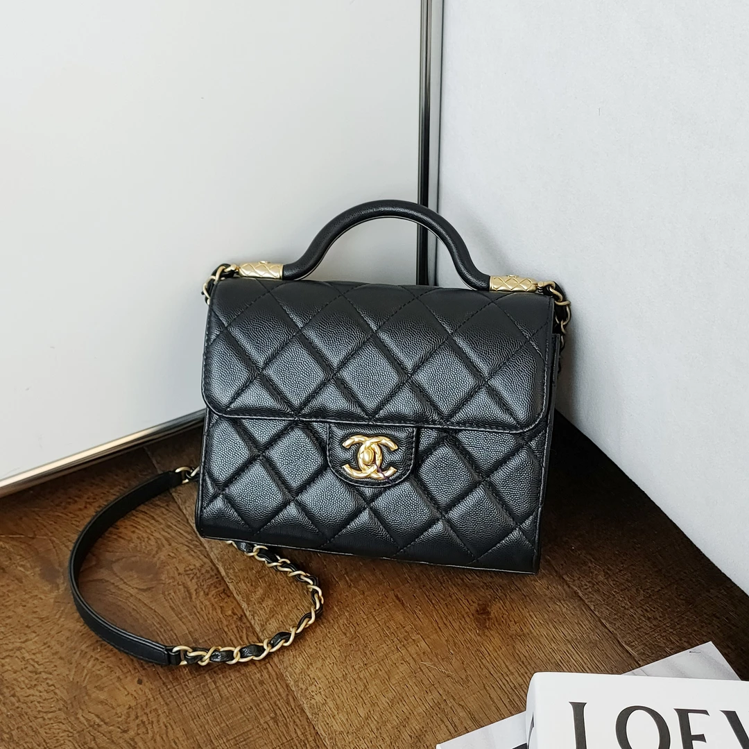 99新 Chanel/香奈儿 Azul-24a黑金荔枝皮手柄款小号邮差包/49575