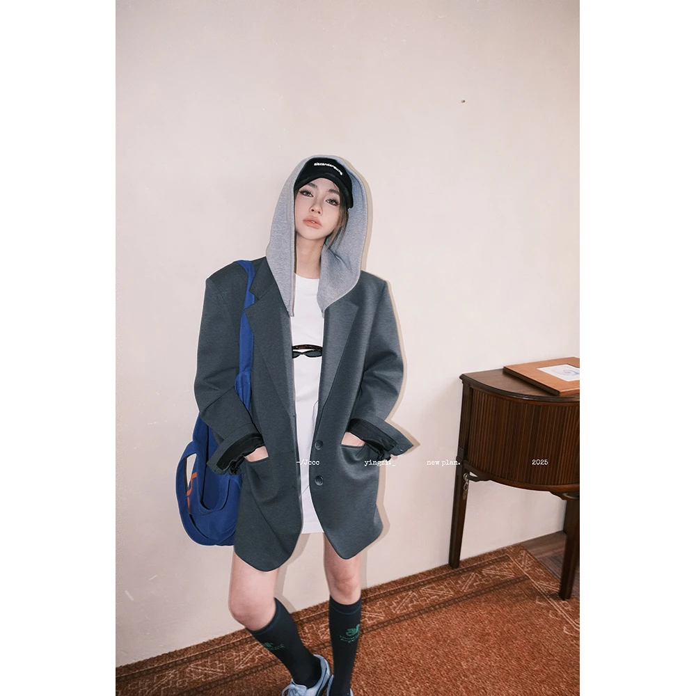 JCCC影子【斯文赫定】灰色简约休闲可拆卸连帽西装外套JE5ASE12