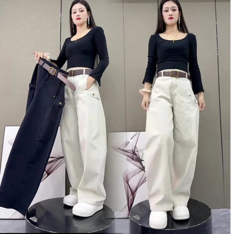 秋冬新款中厚水洗棉弯刀牛仔时尚女宽松休闲设计感美式慵懒风长裤