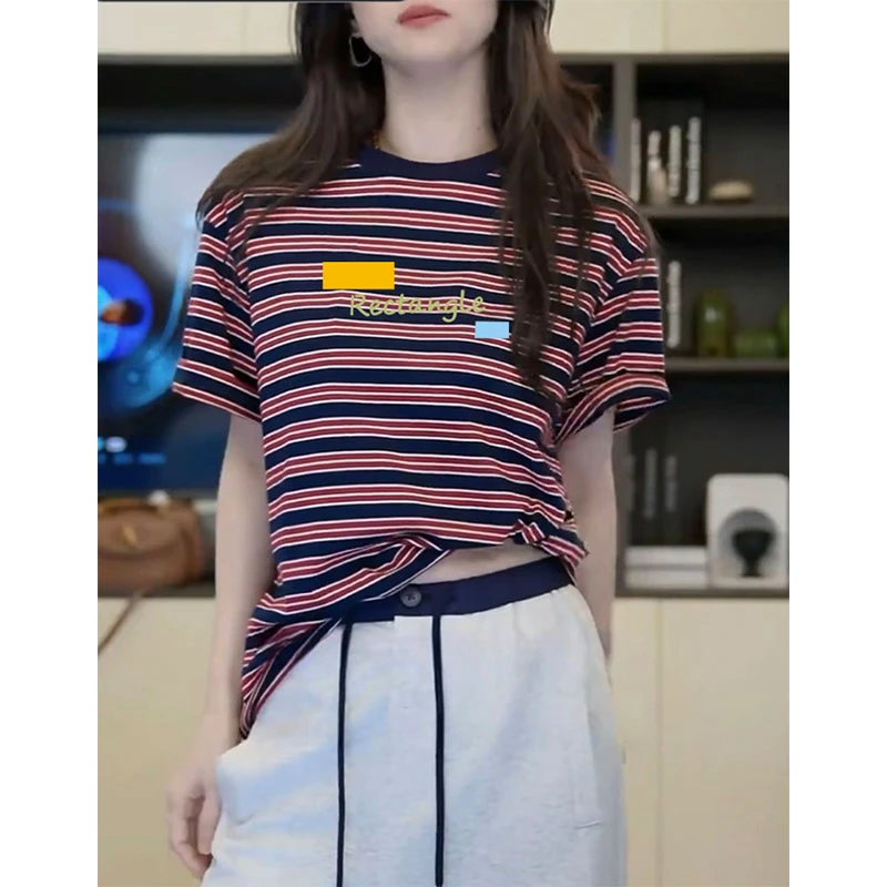 溜肩条纹短袖t恤女设计感小众时尚百搭洋气上衣体恤2025新款夏季