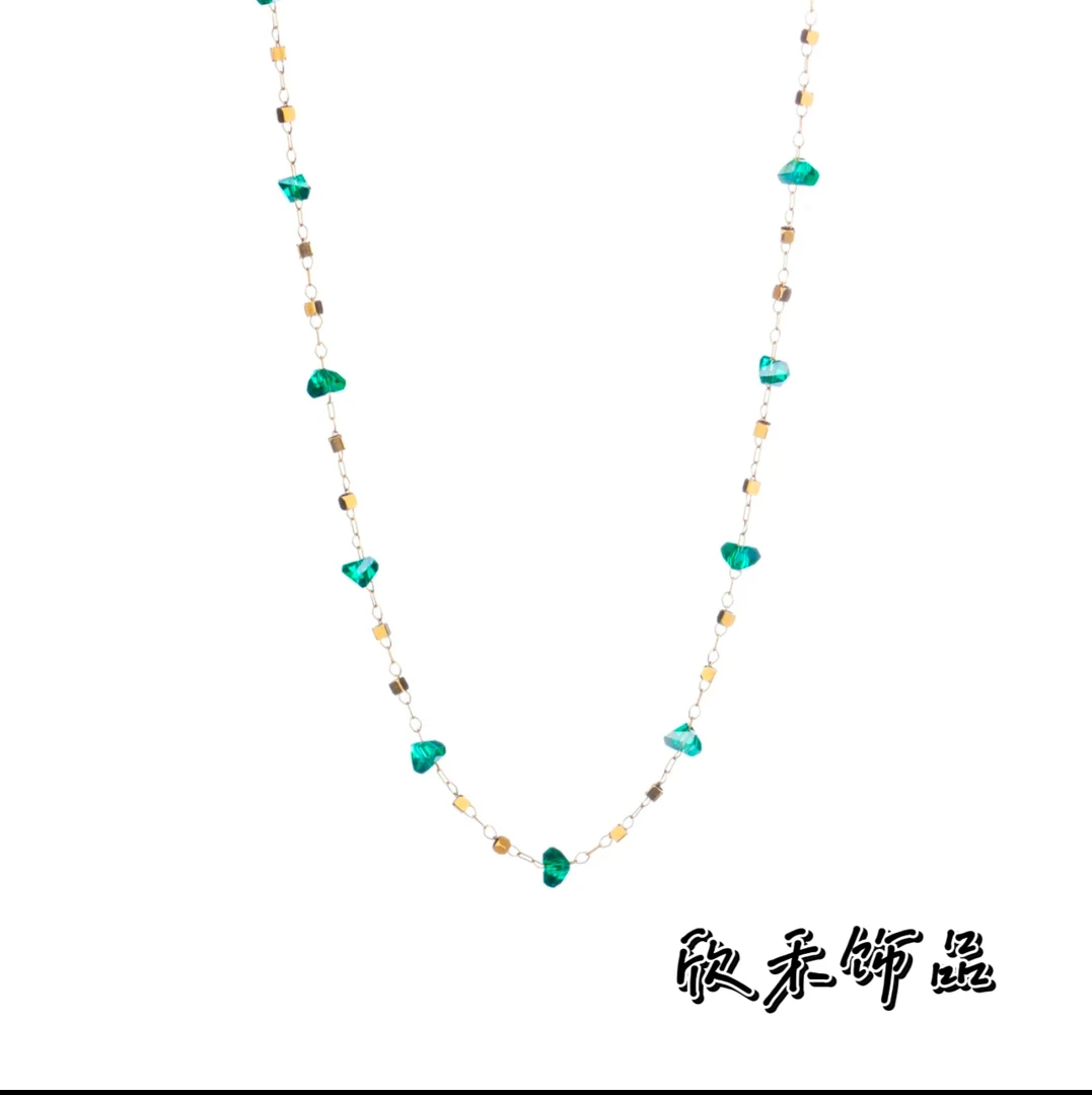 钛钢仿水晶项链 不规则绿色百搭简约项链