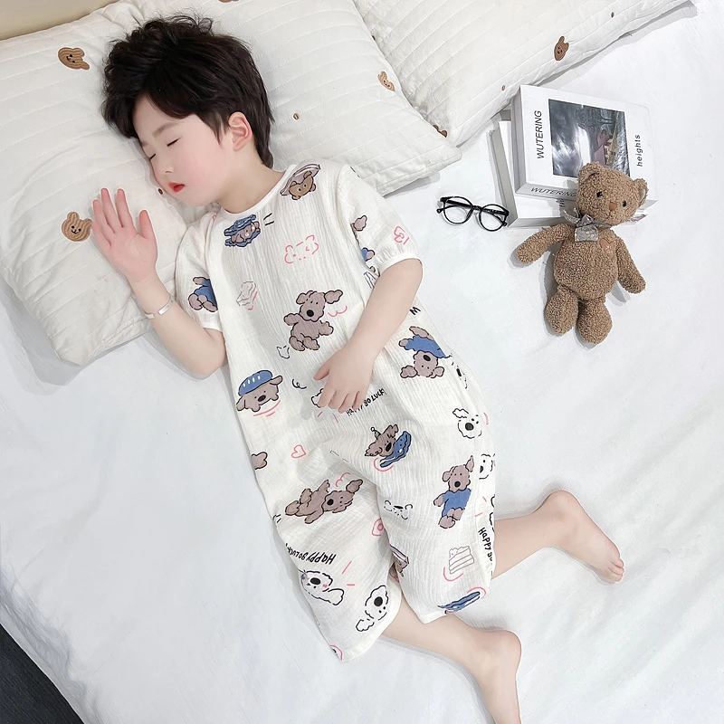 儿童连体睡衣纯棉夏季男孩短袖男宝宝防着凉纱布爬服男童连身睡袋