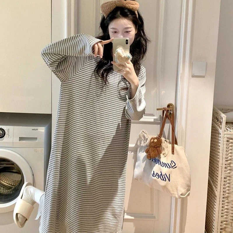 韩版条纹长袖睡裙女款春秋季爆款女士中长款连衣裙睡衣宽松家居服