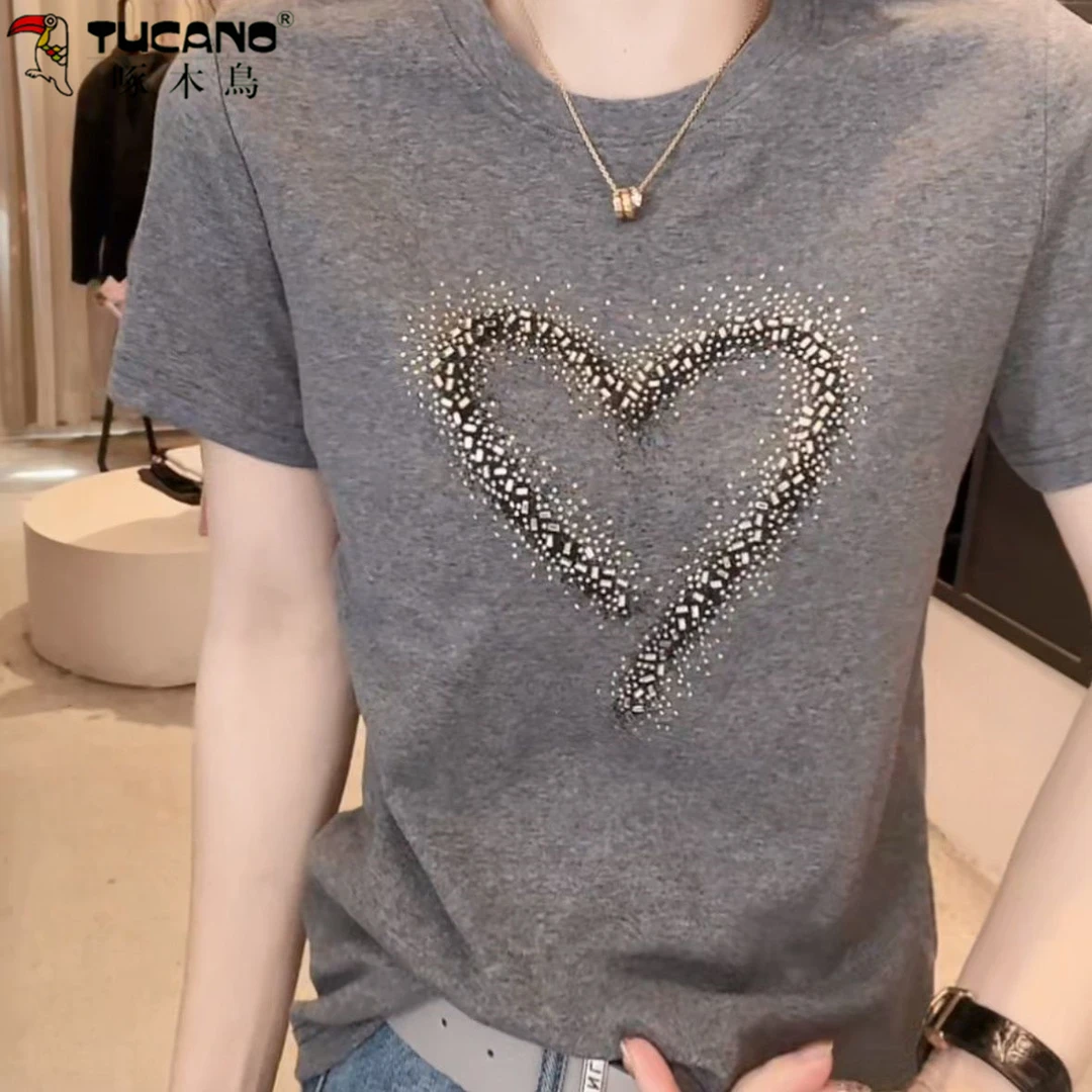 【啄木鸟】纯棉圆领短袖2025夏季新款设计时早秋字母烫钻宽松T恤