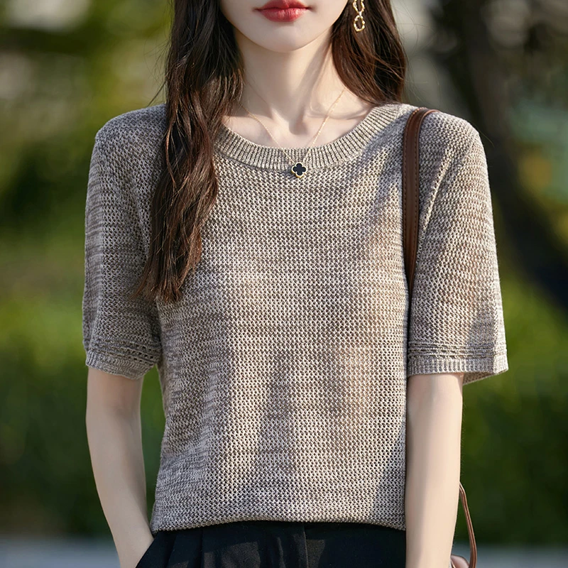 哥弟阿玛施正品新款显瘦洋气时尚夏季薄款针织衫短袖圆领套头镂空