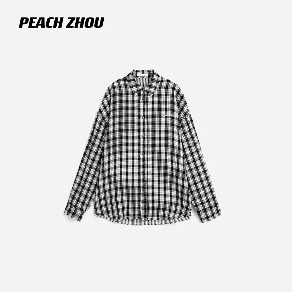 『PEACHZHOU』毛边梵文印花宽松翻领格子衬衫美式高街休闲中性长袖