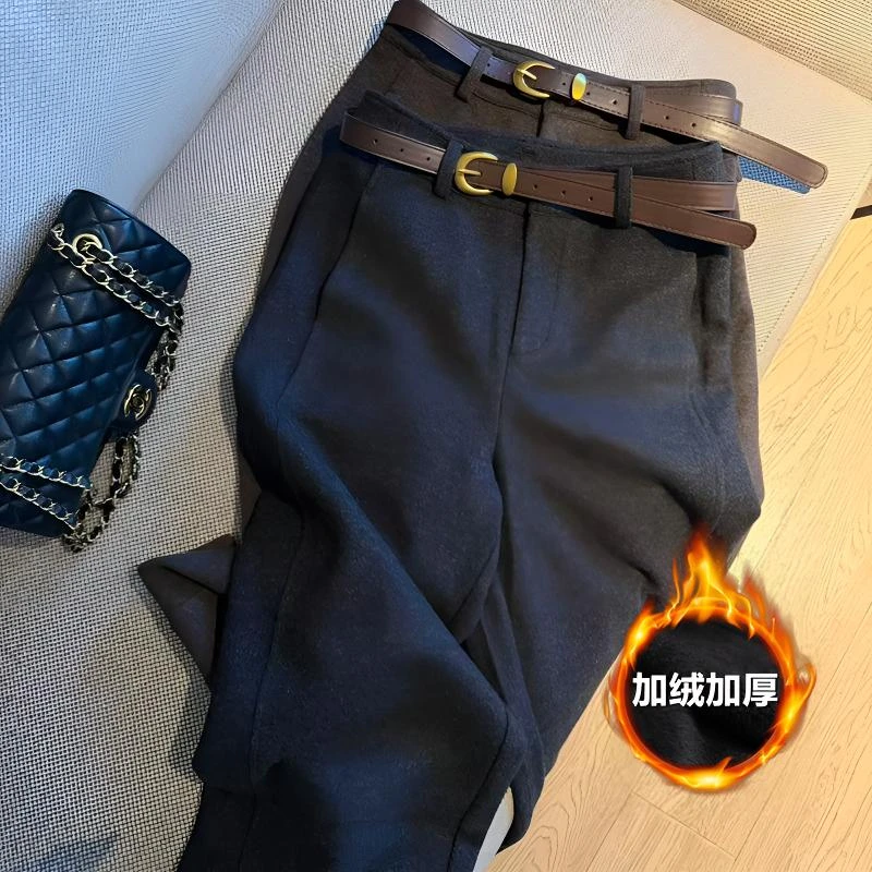 小个子窄版毛呢阔腿休闲裤女秋冬季新款高腰显瘦时尚九分直筒裤子