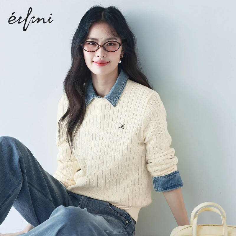 伊芙丽学院风绞花绣花毛衣女25夏季新款复古圆领针织衫1G1930421