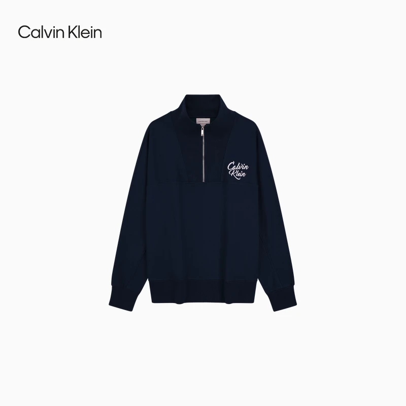 CK Jeans25秋季新款男士美式复古运动刺绣半拉链抓绒卫衣