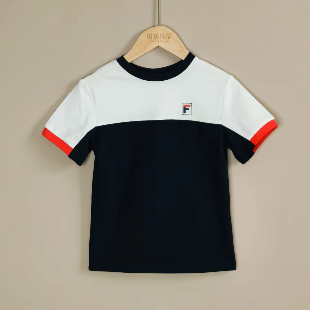 【现】新品F标拼接纯棉男女宝同款夏季圆领短袖T恤