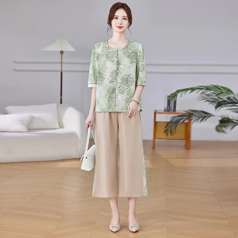 中老年女装夏季冰丝麻套装中袖T恤七分裤妈妈装圆领洋气两件套薄