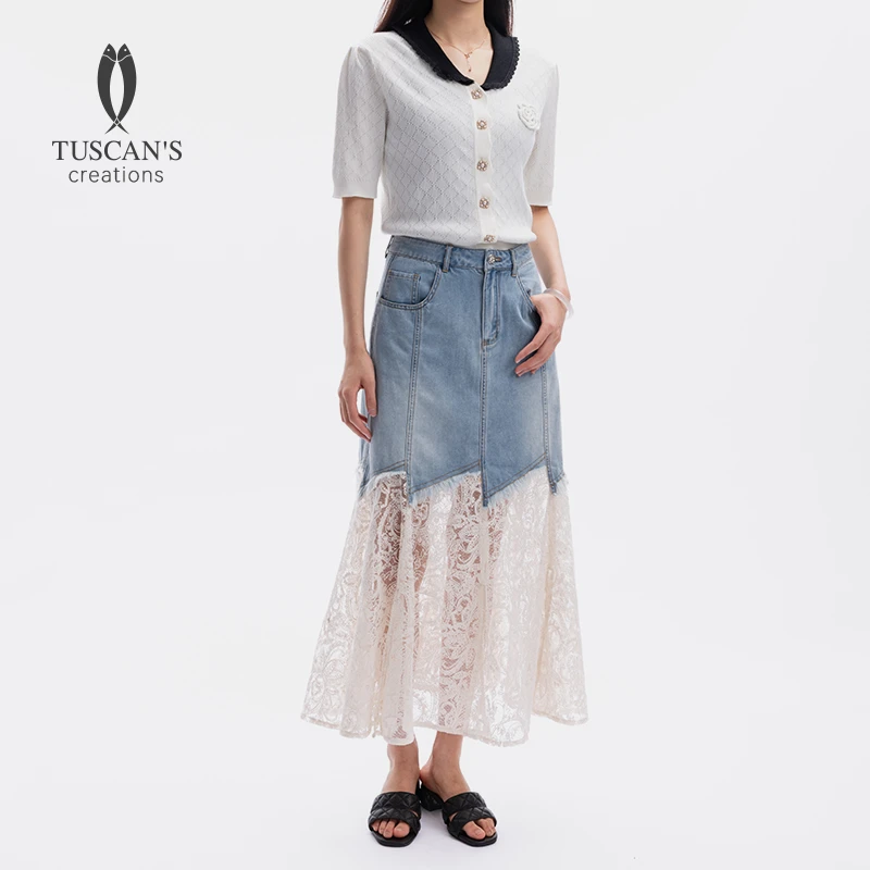 TUSCAN'S CREATIONS重工夏季半身裙蕾丝长款拼接优雅高腰牛仔裙
