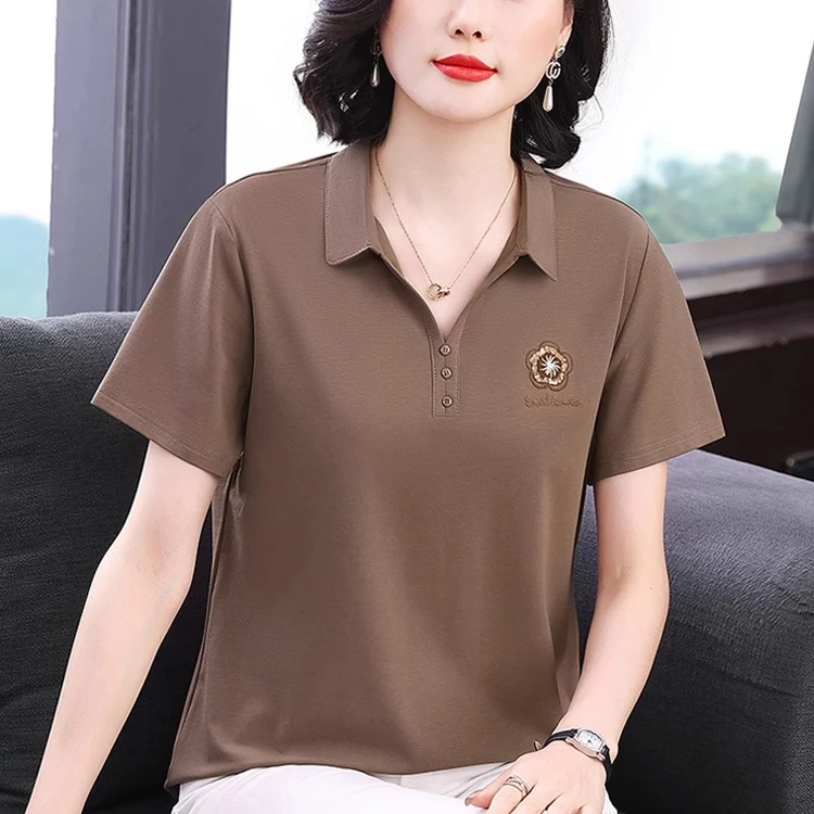 中老年女装妈妈POLO衫有领纯棉短袖t恤女夏季翻领上衣半袖体恤衫