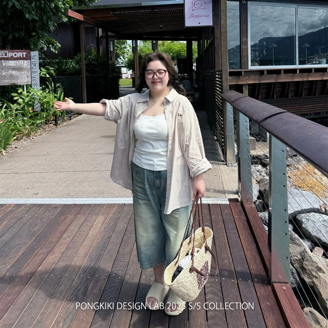 老章和小胖PONGKIKI盐系小马衬衫女大码春季显瘦宽松纯棉格子衬衣