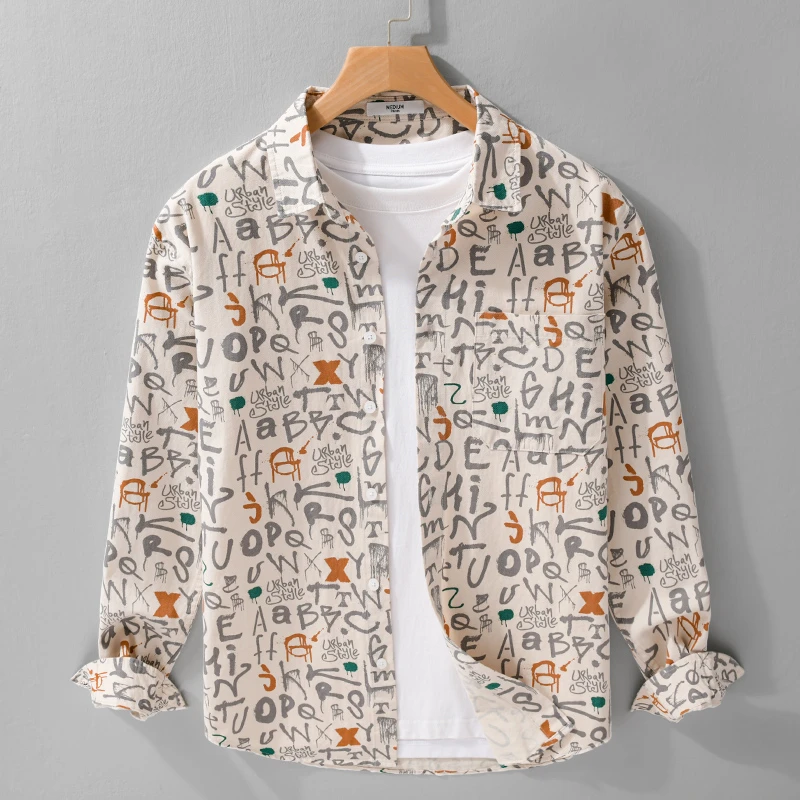 春季男士长袖印花字母衬衣不起球日系衬衫男宽松百搭潮流时尚纯棉