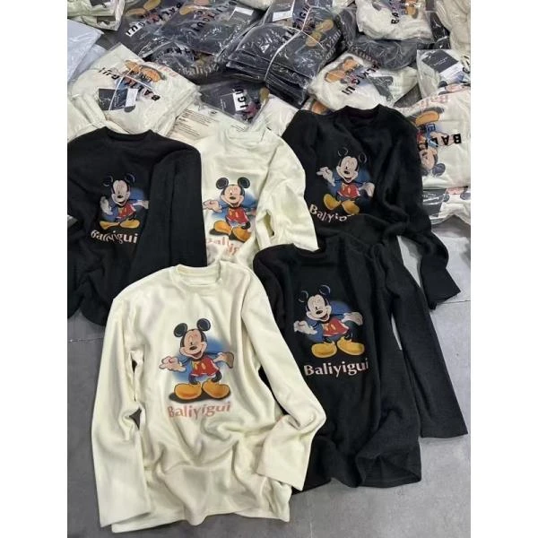 冬季新款双面绒圆领舒适亲肤拼色卡通米鼠气质显瘦百搭上衣9327-G