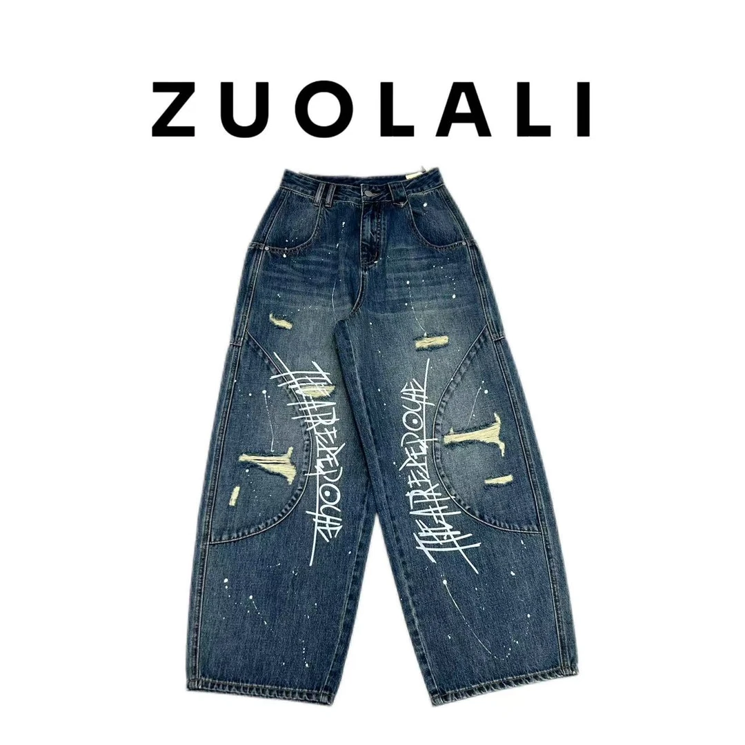 ZUOLALI/左拉励【涂鸦街头】夏季牛仔破洞设计-高腰堆堆裤