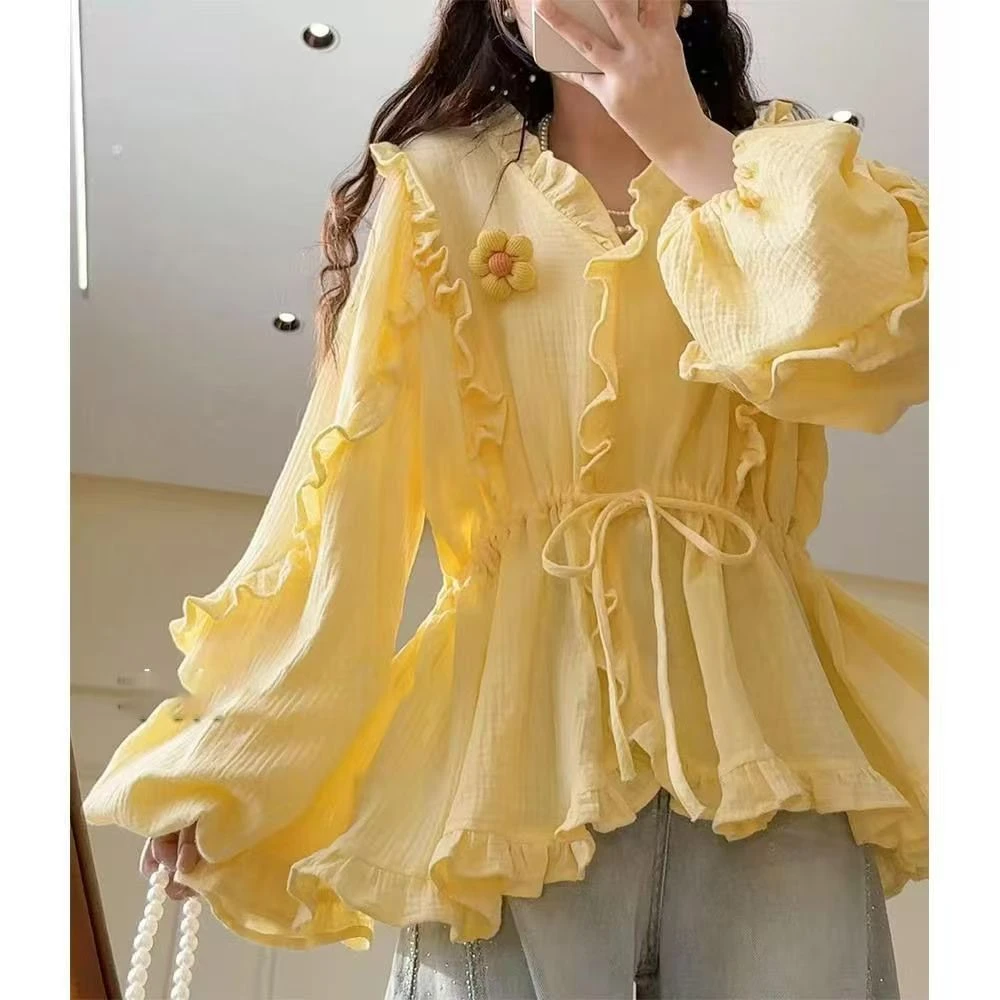 欧若拉2025春夏新款纯色荷叶边腰部抽绳V领衬衫外穿