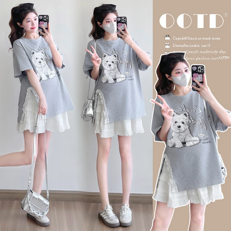 孕妇装夏季新款洋气短袖T恤裙套装百搭开叉显瘦上衣短裙裤两件套