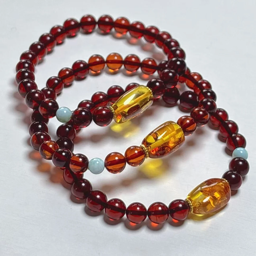 《铁头老猪》XYJ085天然血珀圆珠手串S925银配饰约6+mm多样性发其一