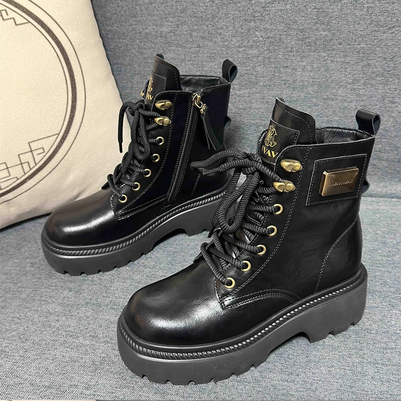 MVAV轻职风秋冬马丁靴系带圆头冬季粗跟厚底秋季靴子XS595-1