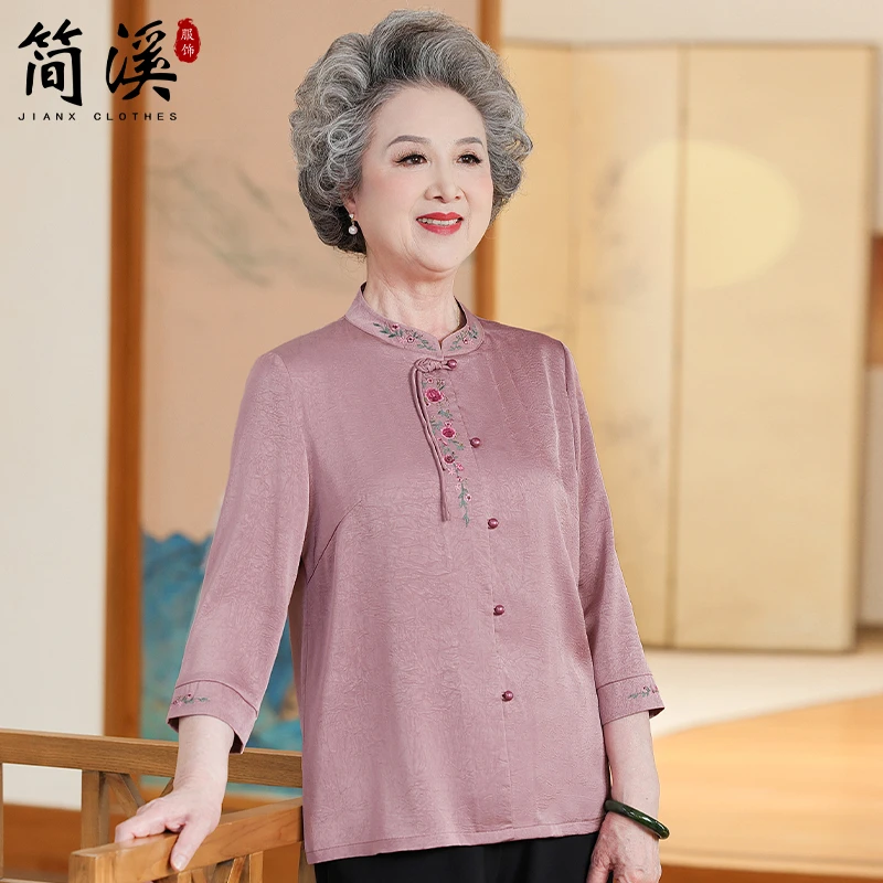 简溪夏装女新中式衬衫中袖奶奶老太太老人衣服中老年妈妈夏季衬衣