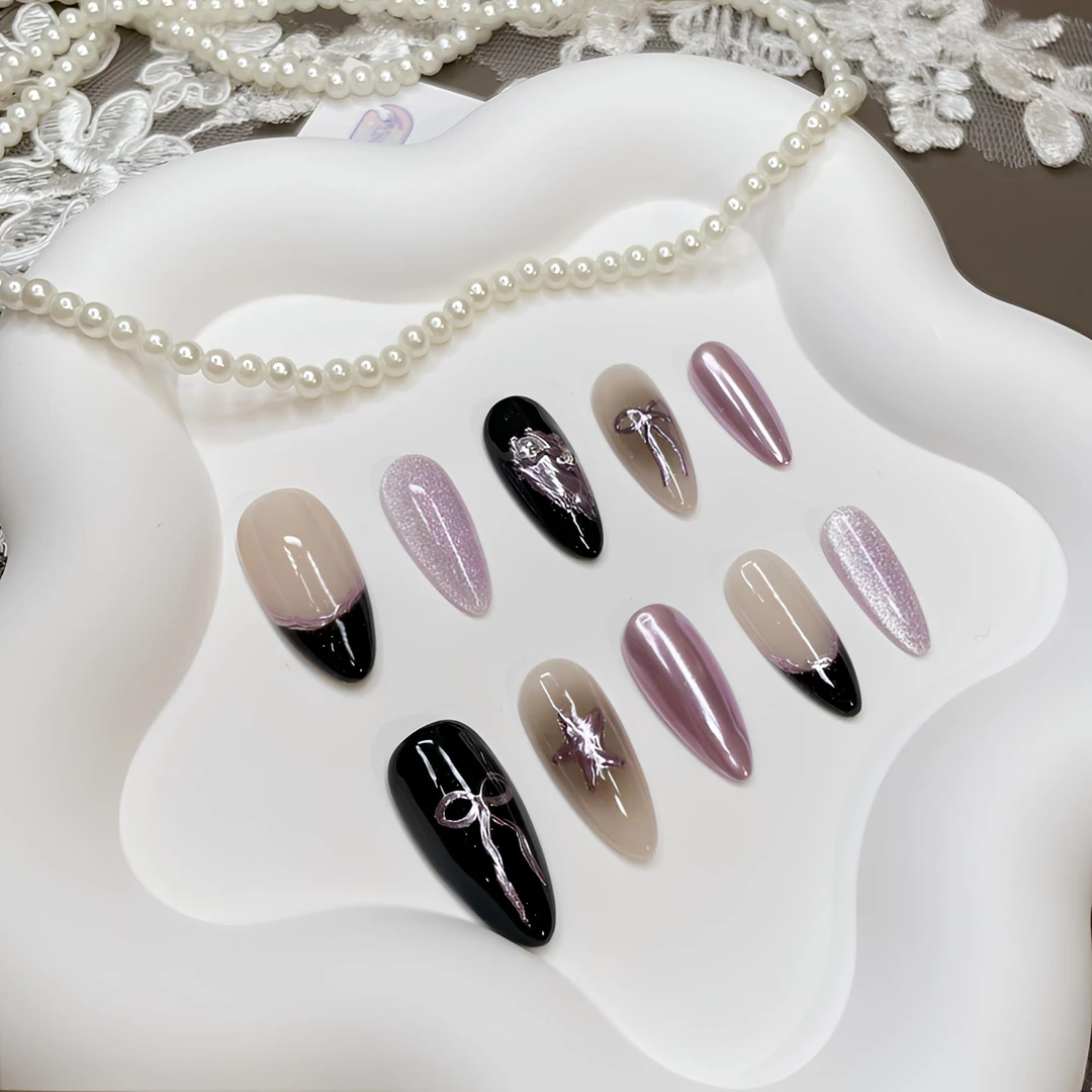 A1009『紫美极』甜酷手绘蝴蝶结不规则五角星镜面纯手工制作穿戴甲