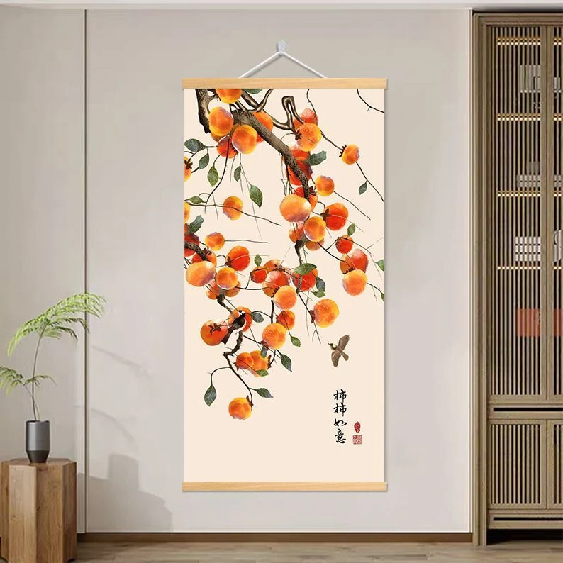 柿柿如意新中式手工实木柿子挂画玄关入户客厅墙壁装饰画